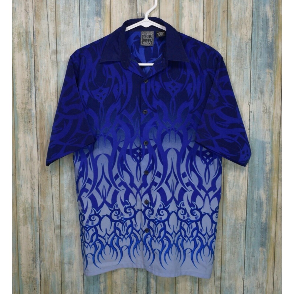 Authentic Shaolin Blue Tribal Flames Shirt Boys Size L 14-16 Button Front